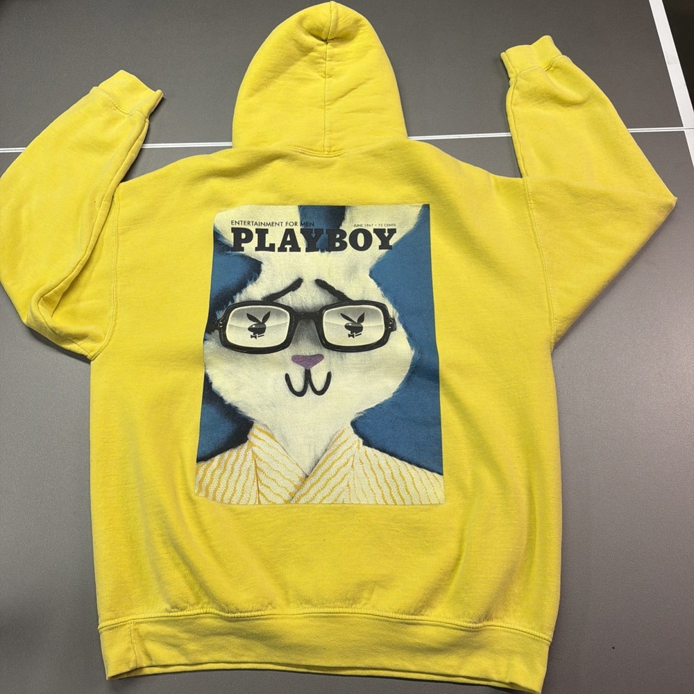 Yellow Playboy Graphic Hoodie inspired by June‎ 1967 magazine cover Mens Medium